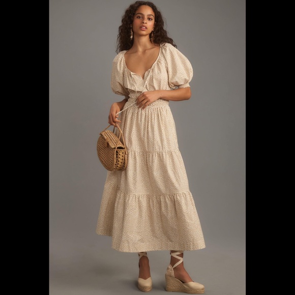 chinese dress ladies Mirth Somerset Maxi Dress in Sand Labyrinth, Medium. Elegant Cotton-Silk Blend with Ruched Details, Tie Belt & Covered Button Front main image 1